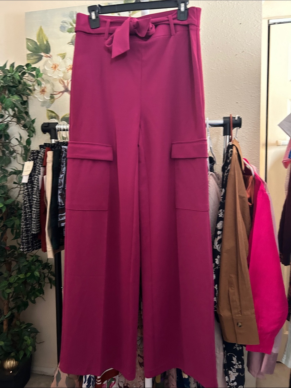 High-Waist Wide-Leg Cargo Pants with Self-Tie Belt — Magenta